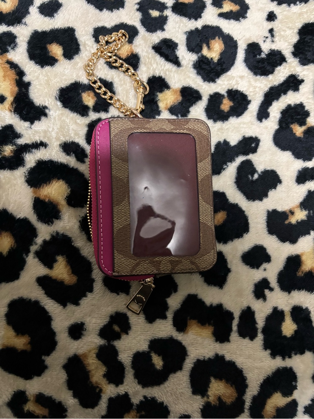 Coach Brown Monogram Card Case with Magenta Trim and Gold Chain - Picture 7 of 9